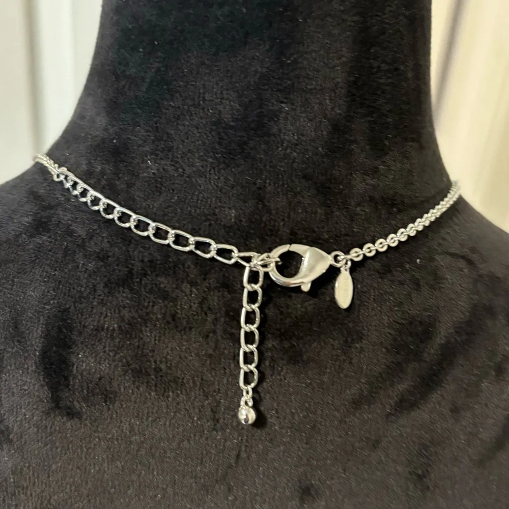 Chico’s Silvertone Mixed Link Statement Necklace Crystal Drop Pendant